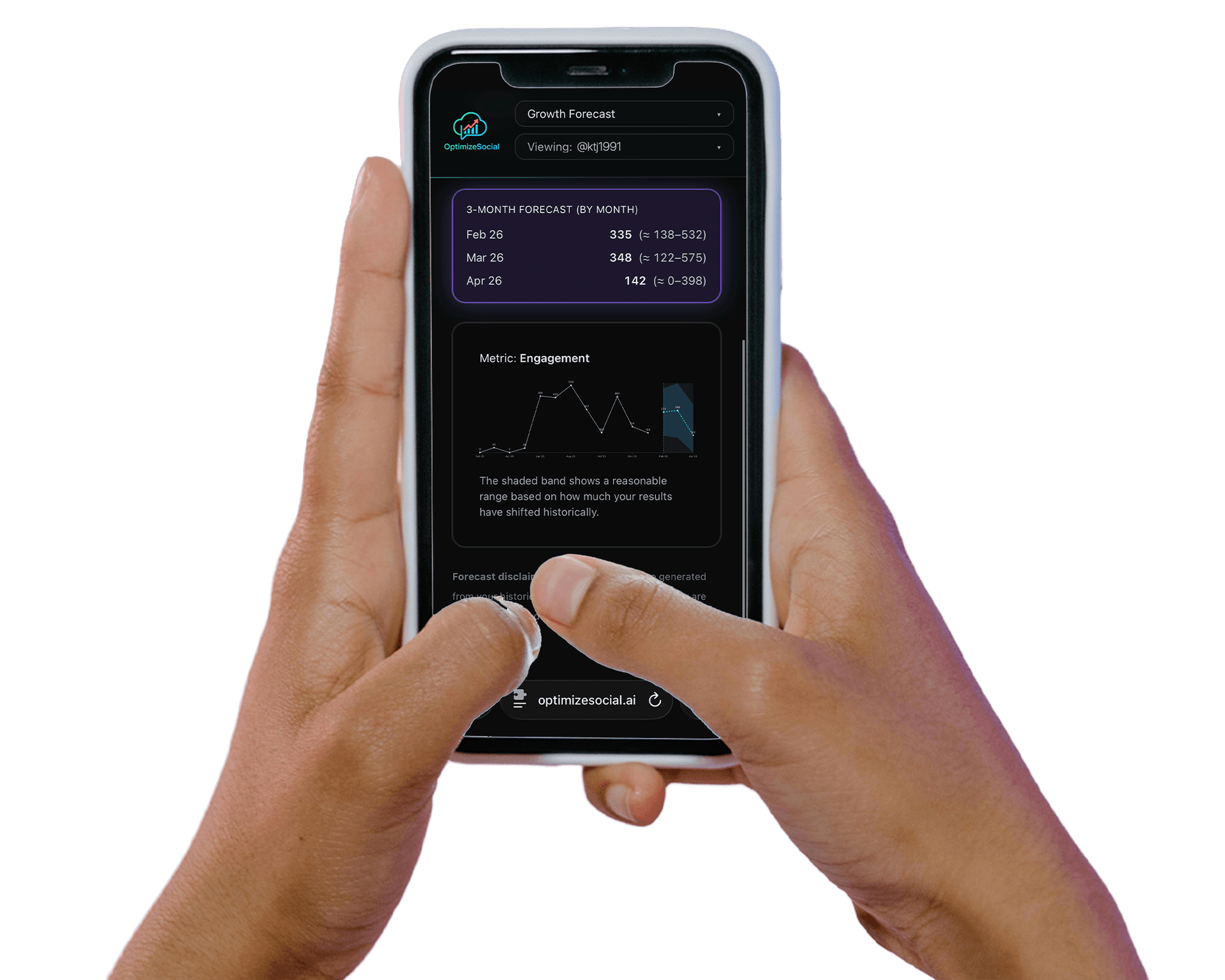Hands holding a phone showing Optimize Social performance drivers and caption generator