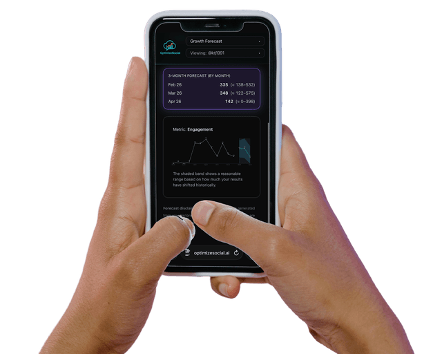 Hands holding a phone showing Optimize Social performance drivers and caption generator